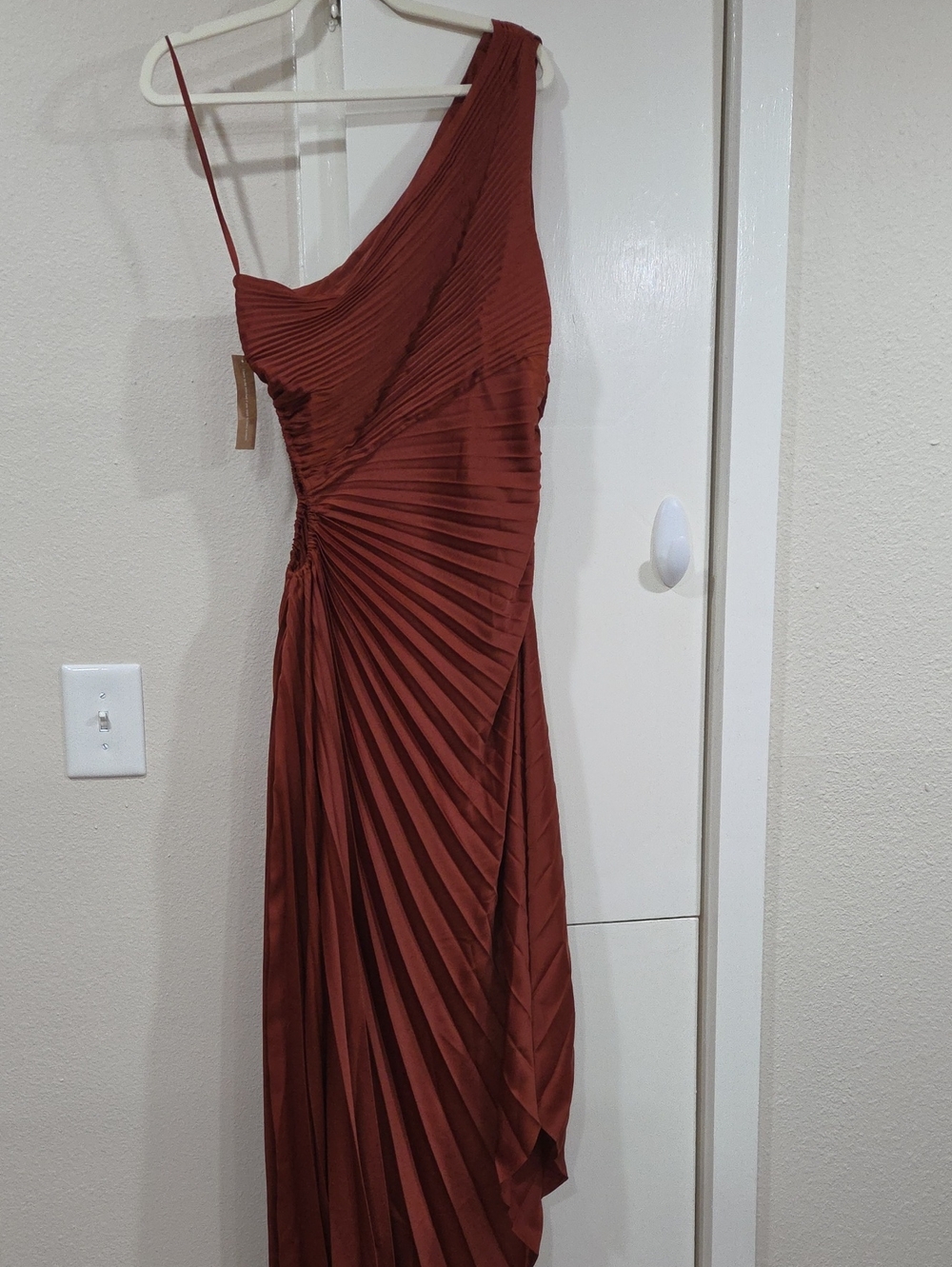 Opt One-Shoulder Rust Pleated Evening Dress Sold At Bloomingdales